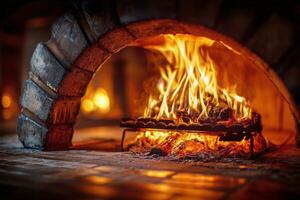 A fire burning in a brick oven photo
