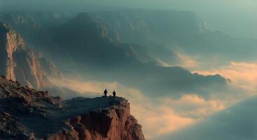 Two people standing on the edge of a cliff overlooking the valley photo