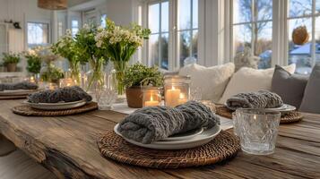 A table with a white tablecloth and candles photo