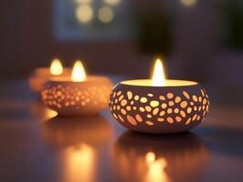 Illuminated Candles in Decorative Holders Resting on a Table photo