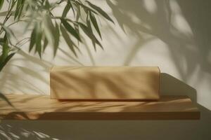 Wooden Shelf Display with a Box and Leaf Shadows against a Textured Wall under Natural Light photo