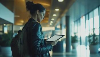 Woman Using Digital Tablet Inside A Building Near A Large Window Wearing A Black Jacket With A Backpack photo