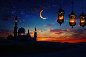 Desert Mosque Silhouette Under Night Sky With Lanterns photo