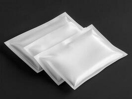 Three White Rectangular Packages on Dark Background with Shadows and Glossy Texture photo