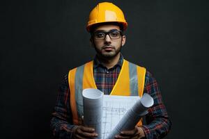 Portrait of a Focused Construction Worker Holding Blueprints Against a Dark Background photo