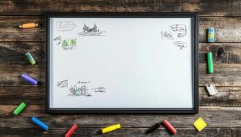 Whiteboard with Childlike Drawings and Colorful Markers on Wooden Background photo