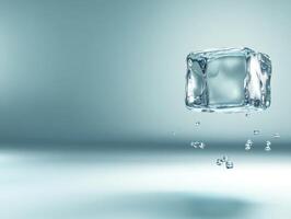 Translucent Ice Cube Suspended Above Water Droplets Against a Soft Blue Background photo