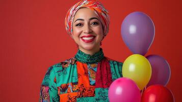 A Portrait of a Smiling Woman in a Colorful Headscarf Holding Balloons Against a Red Background photo