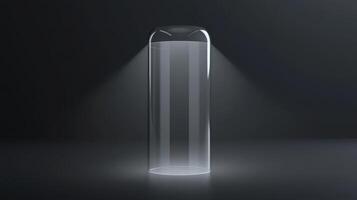 Transparent Rectangular Object Illuminated In A Dark Studio With Focused Lighting And Shadow photo
