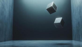 Two Metallic Cubes Floating In Dark Concrete Room With Moody Lighting And Textured Wall photo