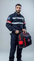 Portrait of a Confident Paramedic Ready for Duty with Medical Bag photo