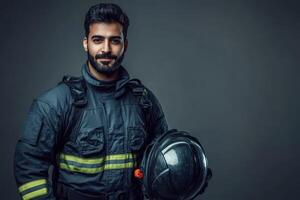 Portrait of a Confident Firefighter Ready for Duty in Protective Gear photo