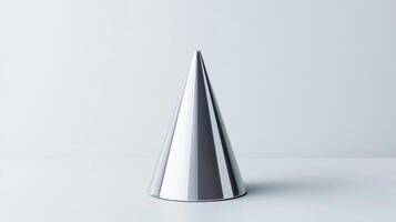 Shiny Silver Cone Object Isolated On White Surface With Subtle Shadow Against White Background photo