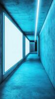 Turquoise Illuminated Hallway Perspective With Rectangular Displays And Linear Ceiling Light photo