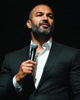 Charismatic Speaker at a Conference A Portrait of a Man Holding a Microphone During a Presentation photo