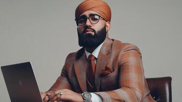 Portrait of a Stylish Sikh Man in a Brown Suit Using a Laptop photo