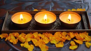 Three Burning Candles Resting On Ornate Tray With Petals photo