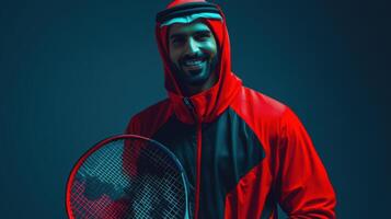 Smiling Tennis Player in Red Jacket and Traditional Headgear, a Portrait against a Moody Blue Background photo