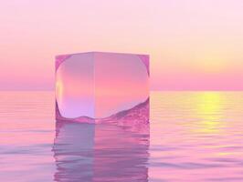 Reflective Cube Floating On Water Surface With Pink Sunset Colors And Ripples photo