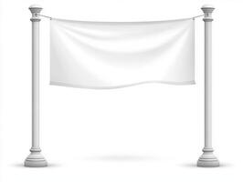 White Banner Suspended Between Two Decorative Pillars On White Background Showing Blank Space For Advertisment photo