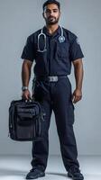 Portrait of a Confident Paramedic in Uniform Holding a Medical Bag Ready for Duty photo