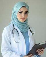 Portrait of a Confident Muslim Female Doctor Holding a Clipboard in a Professional Setting photo