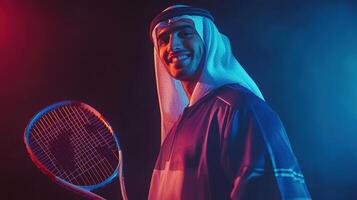 Smiling Arab Tennis Player in Neon Light Portrait, Middle Eastern Athlete with Racket photo