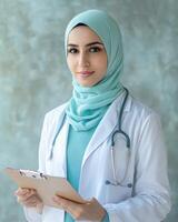 Portrait of a Confident Muslim Female Doctor Holding a Clipboard, Wearing a Hijab and White Coat photo