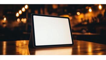 Tablet Device with Blank Screen on Wooden Table in Dimly Lit Interior photo