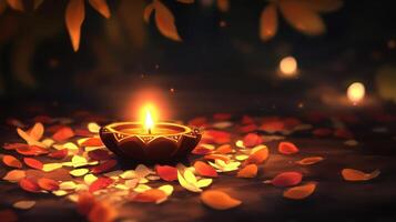 Illuminated Diya Amidst Fallen Petals In Dark Surroundings photo