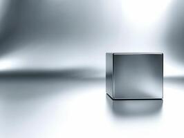 Shiny Metallic Cube on Reflective Silver Surface with Studio Lighting and Shadows photo