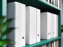 White Binders on Green Shelf with Blurred Plant in Foreground Clean Arrangement photo