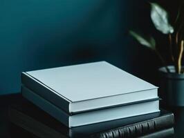 Stack Of White And Black Books With Reflection In Dark Room With Green Plant photo