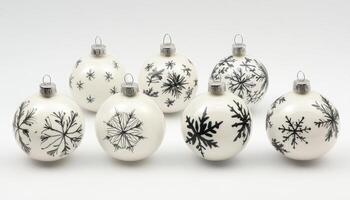 White Christmas Ornaments with Black Snowflake Designs. photo