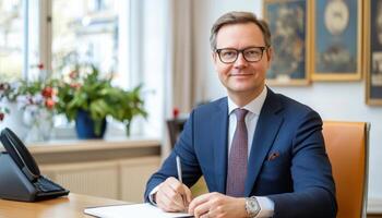 Smiling Man in Suit Sitting at Desk in Office with Pen and Glasses in Daylight photo