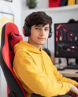 Teenage Gamer in Yellow Hoodie with Headset, Focused on PC Gaming Session photo