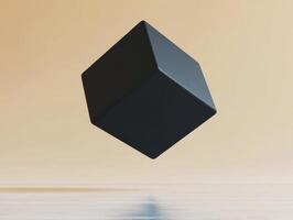 Solitary Black Cube Floating Above Wooden Surface Against Warm Tan Background photo