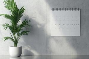 Potted Palm Tree beside a Blank Calendar on a Textured White Wall with Sunlight and Shadows photo
