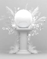 White Sphere Above Pedestal with Floral Arrangement on Gray Backdrop Emphasizing Elegance and Simplicity photo