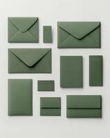 Sage Green Envelopes and Cards Collection Arranged on White Background Overhead View for Stationary and Design Concepts photo