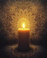 Illuminated Candle Before Golden Mandala Design photo