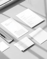 White Papers and Stationery on a Grey Surface with Natural Light Casting Shadows photo