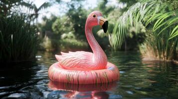 Pink Flamingo Inflatable Pool Float in Tropical Setting photo