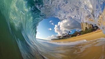 Ocean Wave Crashing Over Beach with Buildings in Background photo