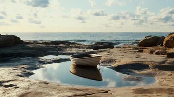 Small White Boat Reflecting in Tide Pool on Rocky Shore photo