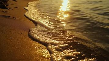Golden Sunset on Sandy Beach with Gentle Waves photo