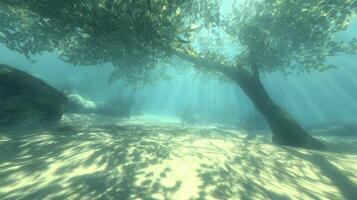 Submerged Underwater Tree with Sunlight Rays and Sandy Bottom photo