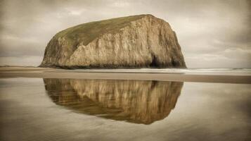Rock Formation Reflecting in Calm Ocean Water photo