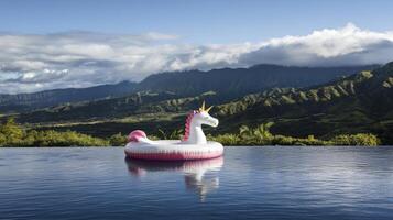 Pink Unicorn Pool Float and Mountain View photo
