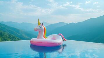 Pink Unicorn Inflatable Pool Float in Mountaintop Infinity Pool photo